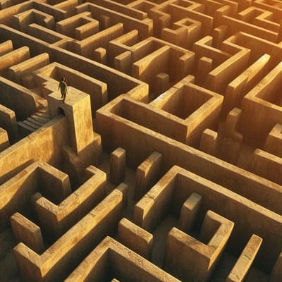 Ein Labyrinth aus Steinmauern, links im Bild steht eine Person erhöht auf einem größeren Stein. Systemische Beratung als ganzheitlicher Ansatz.
